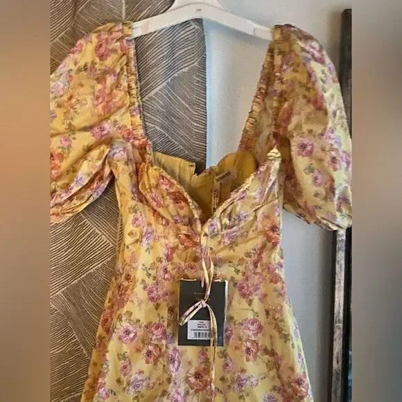 House of CB Maxi Dress Sz XS Yellow Floral Felizia Butter Print Puff Selene NEW